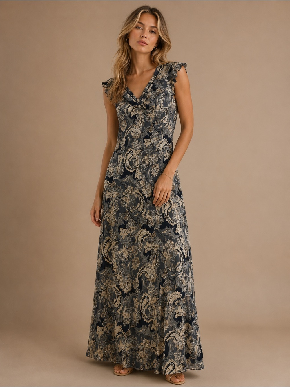 Dressbarn Blue Paisley Faux Wrap Maxi Dress Size 4 Boho Cottagecore Wedding